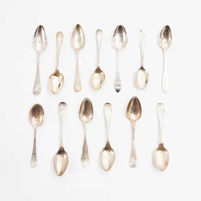 MATSKEDAR, 13 st, silver, 17/ 1800-tal, udda modeller, bl a Gustaf Lindegren, Carl Petter Modin, Johan Wixner.