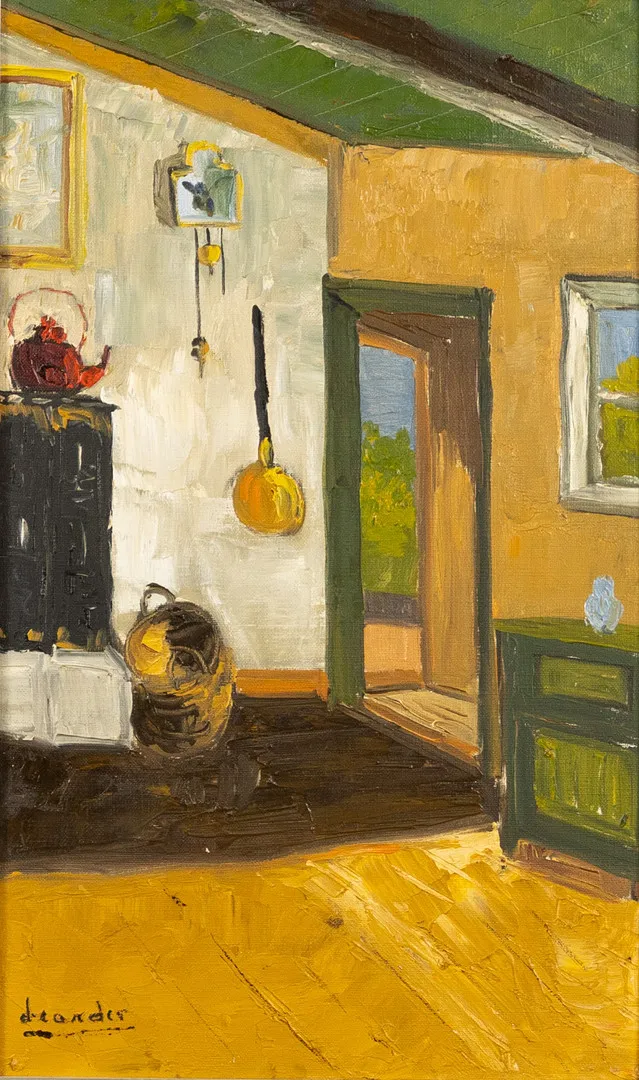 OIDENTIFIERAD KONSTNÄR. olja på duk, interiörbild, signerad Leander.