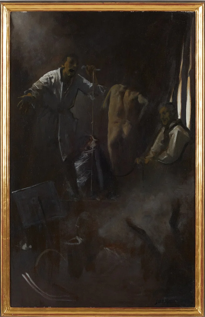 KJELL JÖRSTEDT (1943-2022). Scen, olja på duk, signerad och daterad 1986. — Paintings — Stockholms Auktionsverk Sickla