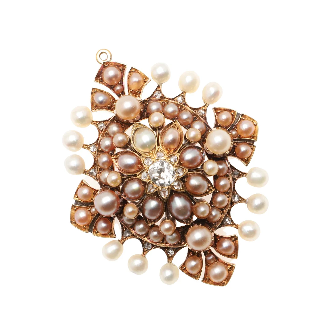 A VICTORIAN PEARL, DIAMOND AND GOLD BROOCH PENDANT. — Brooches & Pendants — Lawrences Auctioneers