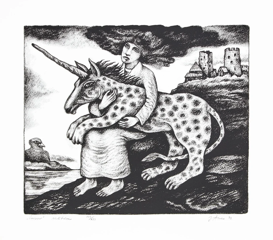 JÜRI ARRAK. "Ükssarv" serigrafi, signerad, -93, 149/180. — Engravings & Prints — Stockholms Auktionsverk Magasin 5