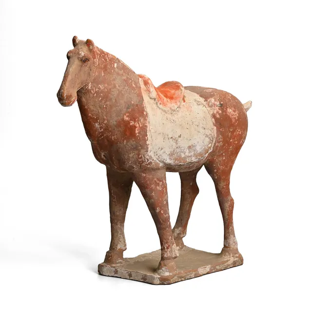A CHINESE PAINTED POTTERY MODEL OF A SADDLED HORSE, TANG DYNASTY (AD 618 - 906).