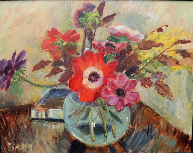 MATS MASON. olja på pannå, "Anemoner", stilleben, signerad.