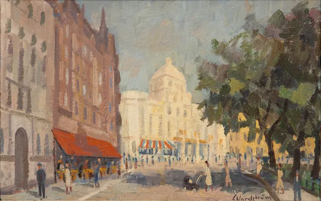 GUNNAR NORDSTRÖM (1921-2021). Hamngatan mot Dramaten, olja på pannå, signerad G Nordström.