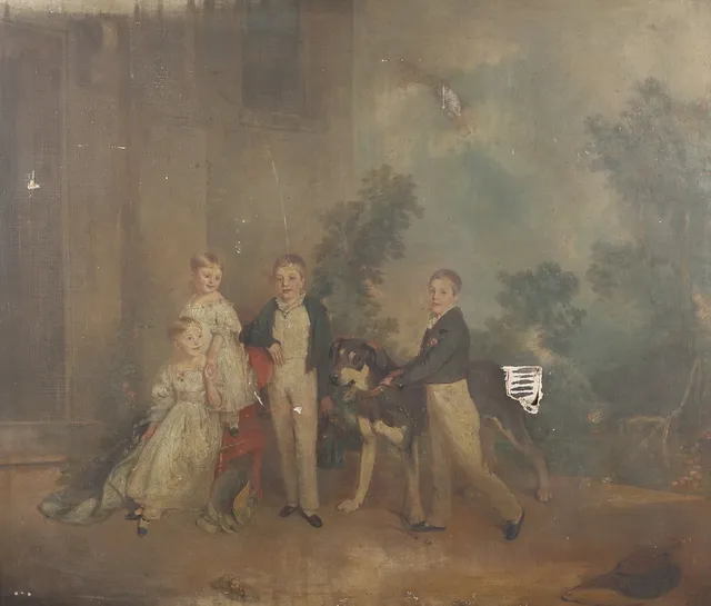 CIRCLE OF THOMAS PHILLIPS, RA (1770-1845). PORTRAIT OF FOUR CHILDREN WITH THE FAMILY DOG.