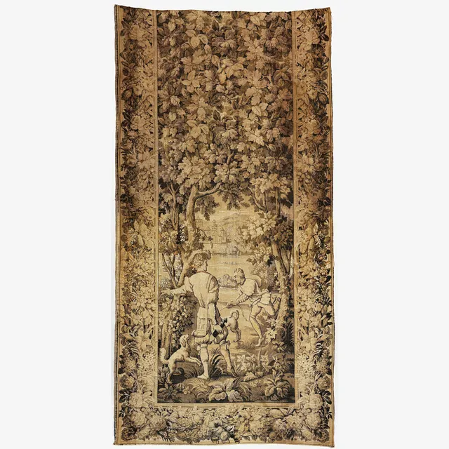 17TH CENTURY AUBUSSON MANNER. SCÈNE DE CHASSE AVEC CHIENS ET CHÂTEAU.