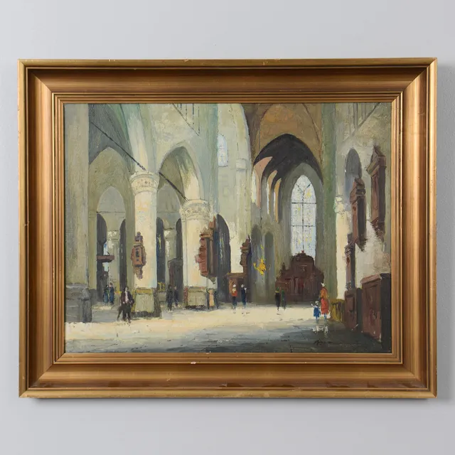 OIDENTIFIERAD KONSTNÄR. Interiör i kyrka, olja på pannå signerad.