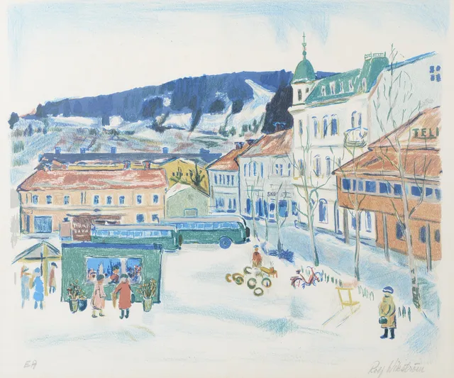ROLF WIKSTRÖM. "Stora Torget, Östersund", färglitografi, signerad, EA upplaga.