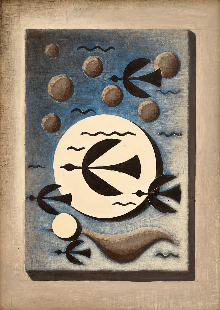 HEINZ SEVENICH (Aachen/Tyskland 1935-2023). Komposition med fåglar, daterad 2-4-66 a verso, olja på pannå. — Paintings — Crafoord Auktioner Stockholm
