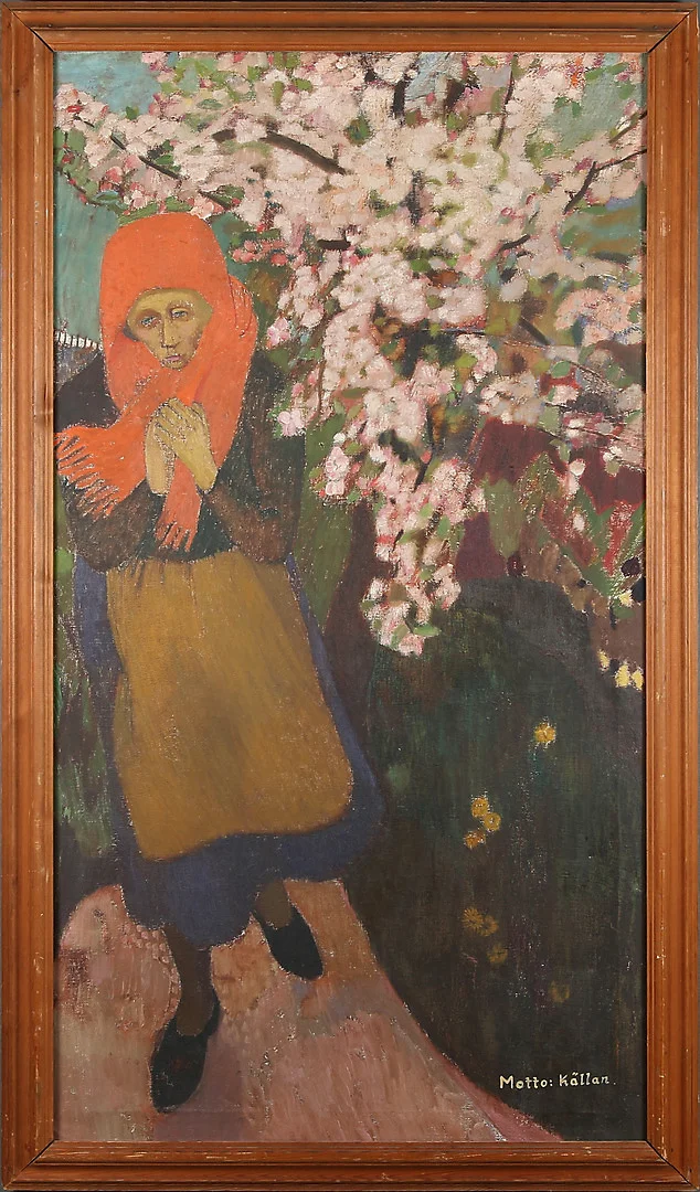 RUNE HAGMAN. "Kvinna vid äppelträd - Motto:Källan", olja på duk, signerad a tergo. — Paintings — Stadsauktion Sundsvall
