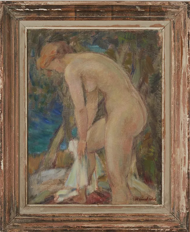 HELGE LINDAHL (1898-1985). "Efter badet", signerad, olja på duk.