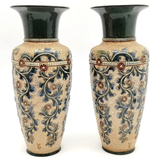 *ROYAL DOULTON LAMBETH GEORGE TINWORTH PAIR OF VASES.