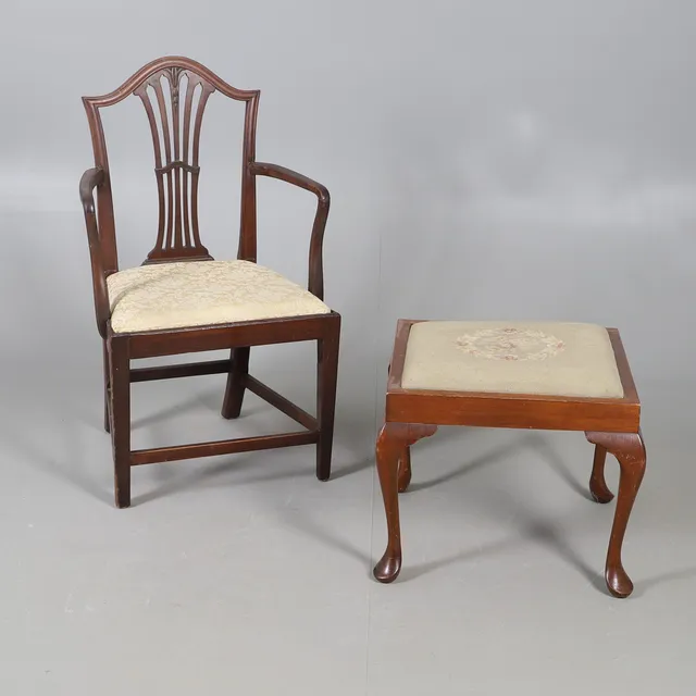 A NEEDLEWORK STOOL AND A HARDWOOD ELBOW CHAIR.