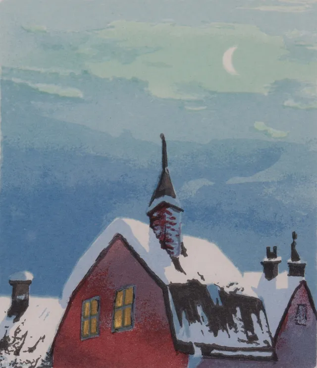 MARIA BOCZEWSKA. litografi, snöiga tak.