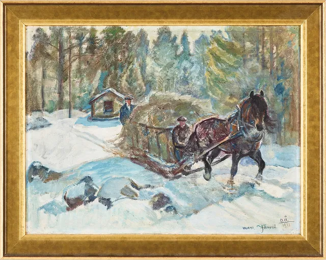 ACKE ÅSLUND. Häst i vinterlandskap, monogramsignerad, daterad mars, järvsö, 1933.