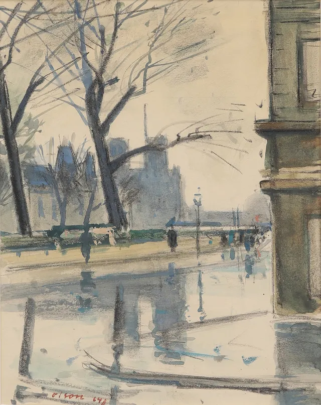 OVE OLSON. NOTRE DAME FRÅN QUAI SAINT MICHEL, blandteknik, signerad och daterad -64.