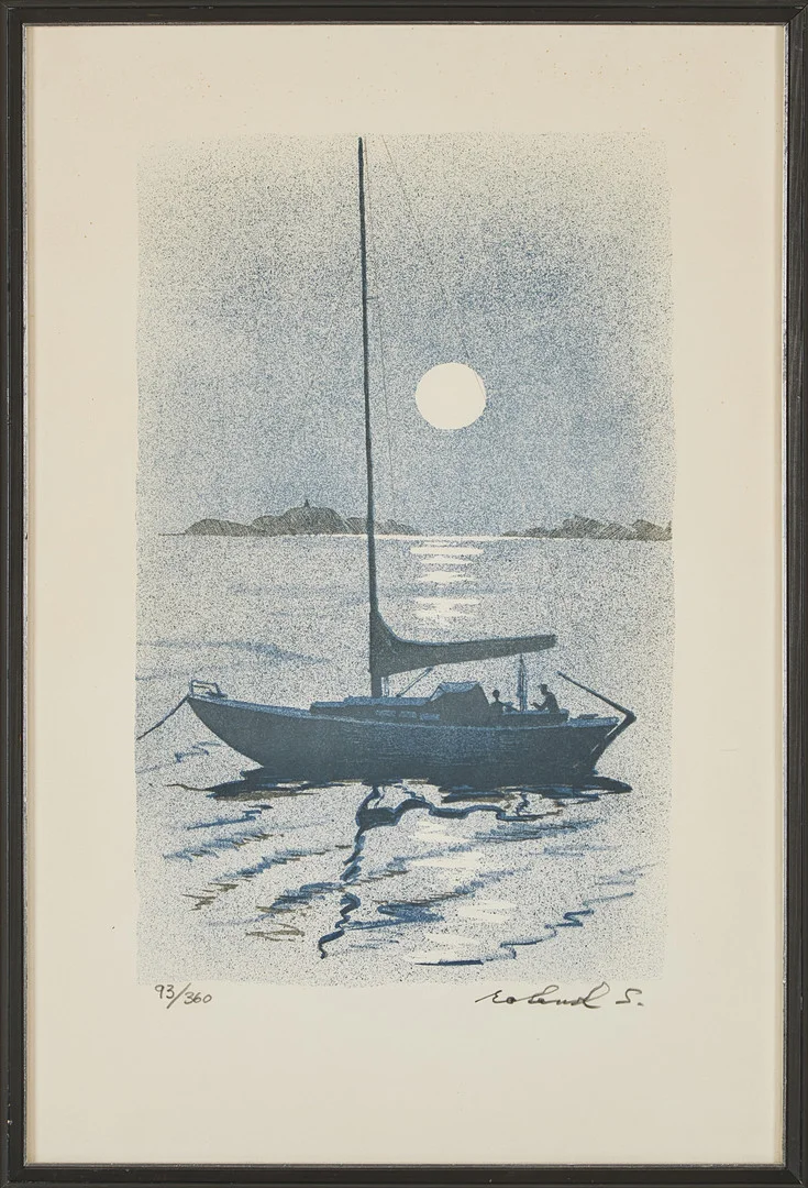 ROLAND SVENSSON. "Båtsnack", färglitografi. — Engravings & Prints — Stockholms Auktionsverk Magasin 5