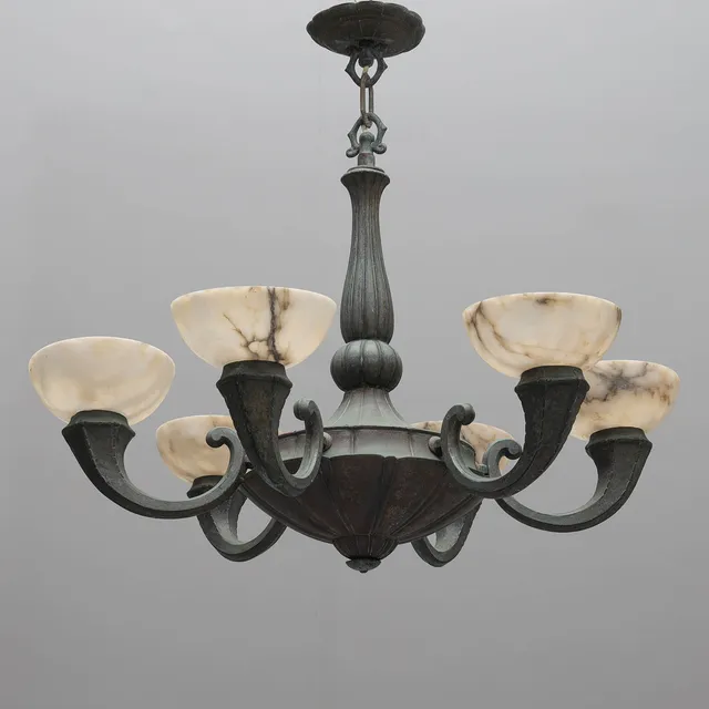 TAKLAMPA, 6-armar, patinerad metall, lampkupor i alabaster, jugend, 1900-talets första hälft.