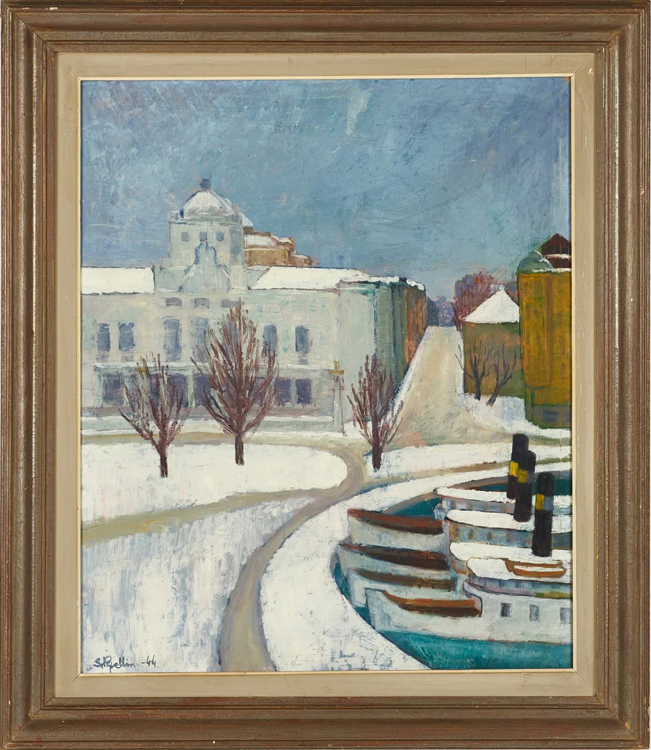 STIG KJELLIN (1914-1979), Vy över Dramaten och Nybroplan, signerad och daterad -44, olja på pannå. — Paintings — Crafoord Auktioner Stockholm