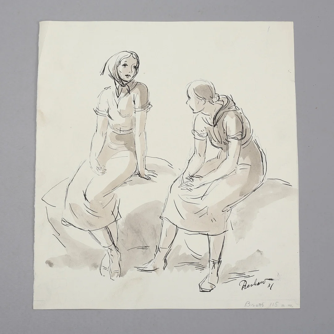 BO BESKOW. Två kvinnor. Teckning, blandteknik, signerad och daterad 31. — Drawings — Auktionshuset Thelin & Johansson