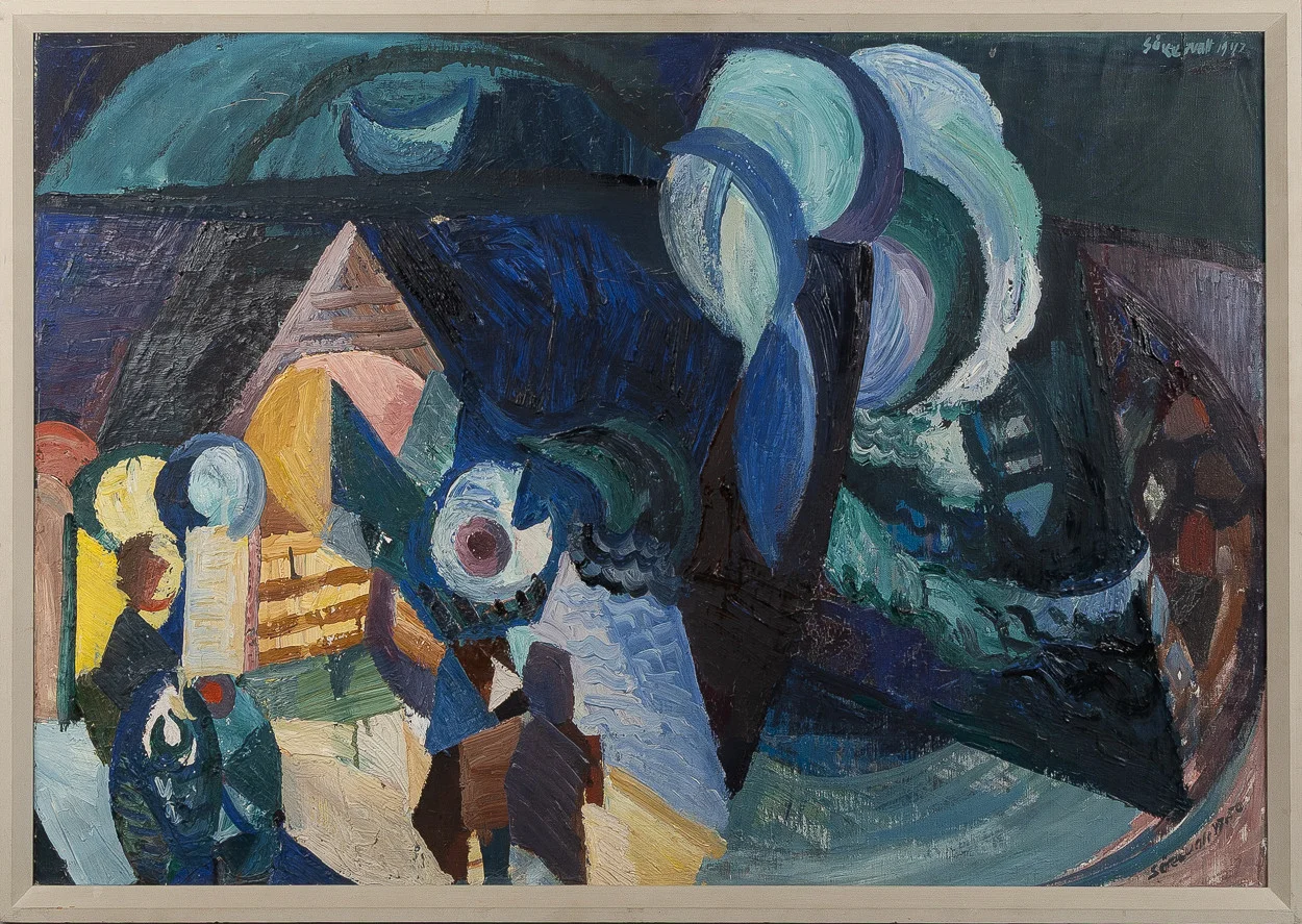 STIG ÅKERVALL. Abstrakt komposition, olja på duk, signerad 1947. — Paintings — Stockholms Auktionsverk Helsingborg