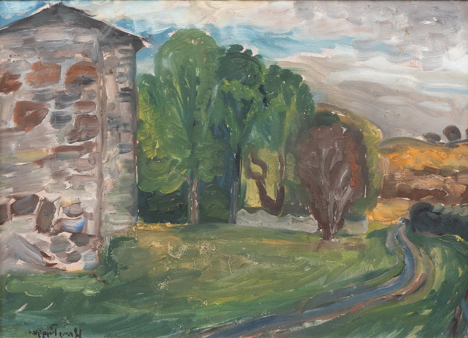 HANS RYGGEN (NORGE, 1894-1956). Hus i landskap, olja på papp, signerad. — Paintings — Garpenhus Auktioner