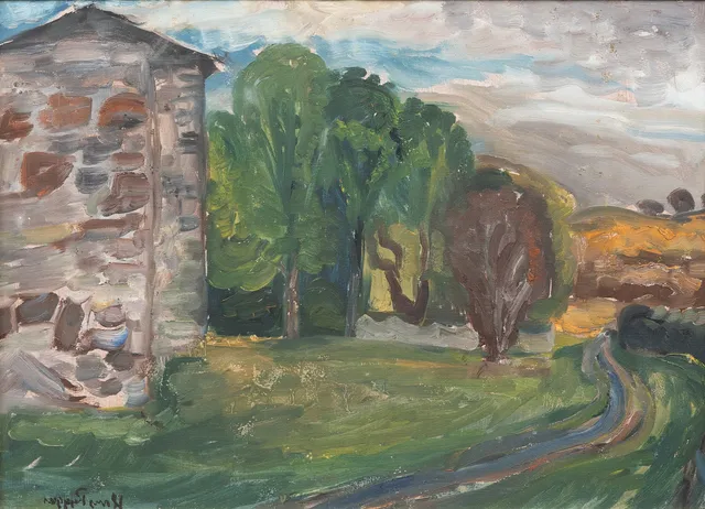 HANS RYGGEN (NORGE, 1894-1956). Hus i landskap, olja på papp, signerad.