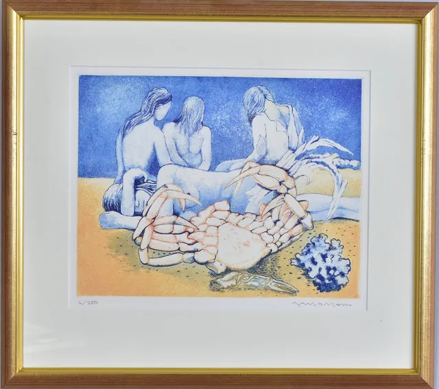 AXEL OLSON. färgetsning, "Siesta på stranden".