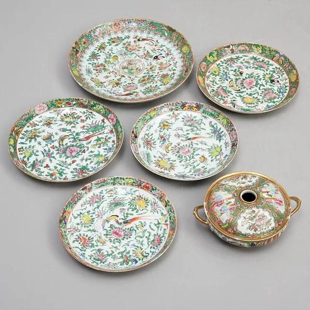 PARTI PORSLIN, 6 delar, Kina, 1800-tal, rose medallion och kanton, polykrom dekor.