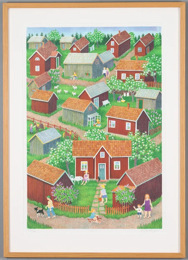 BIRGITTA MÅNGSÉN. Byliv, litografi, signerad och numrerad 124/360.
