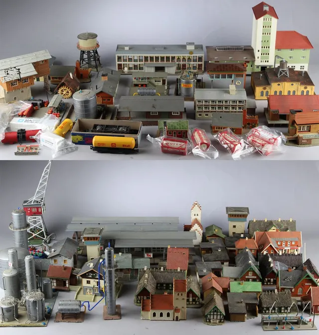Large collection of model railway buildings