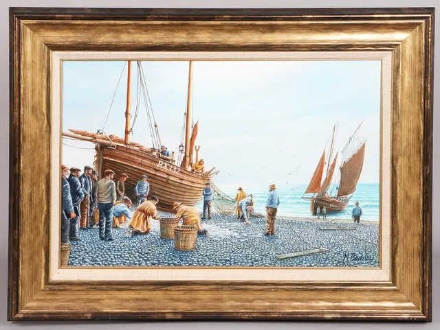 MICK BENSLEY (BRITISH, 1944-2023) SORTING THE CATCH, HASTINGS.