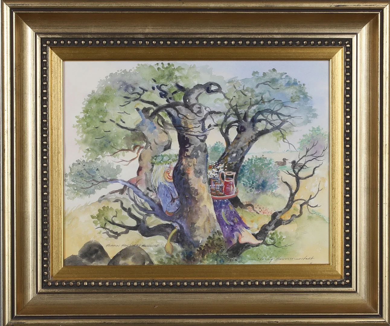 SOLVEIG HAMMARSTEDT. akvarell, "Hoppas han gillar hallonsaft!", signerad. — Paintings — Gomér & Andersson Norrköping