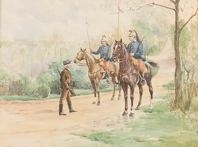 ANNA PALM DE ROSA. Akvarell, signerad, kavallerister i samtal.