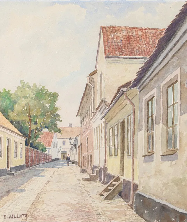 EDDIE VALENTA. Motiv från Lund, akvarell, signerad E. Valenta.
