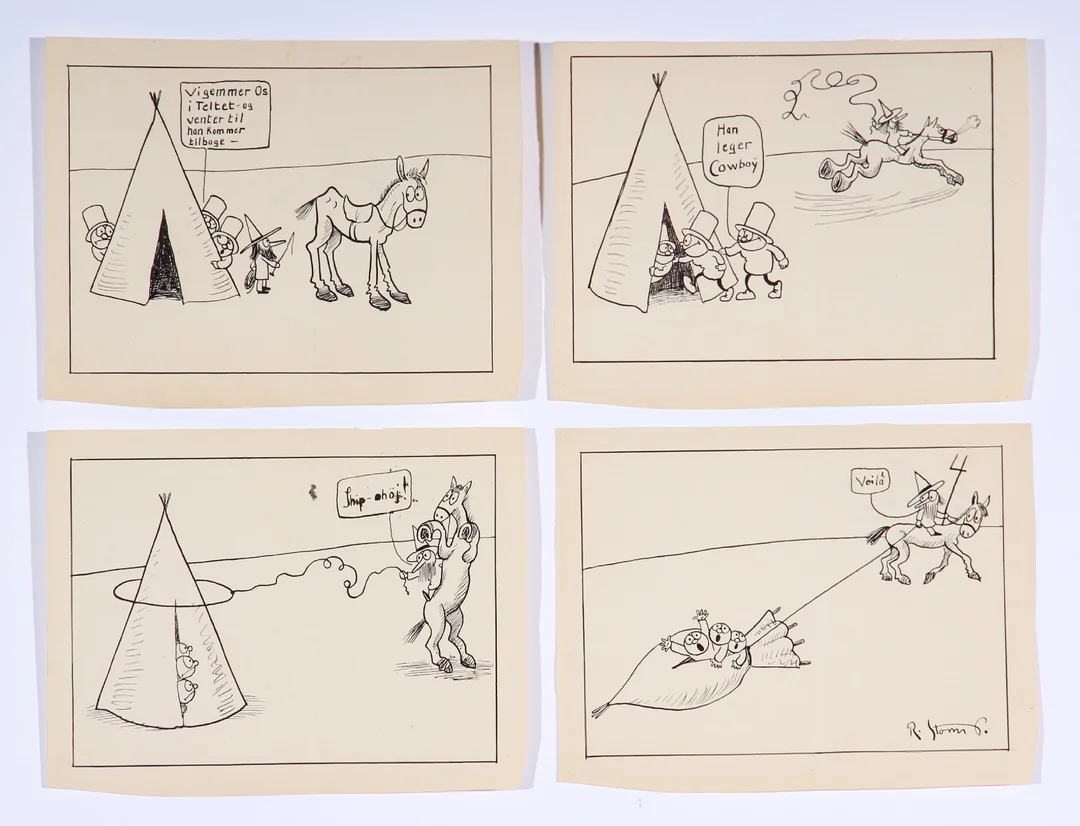 Robert Storm Petersen. Series of four drawings, illustration templates for 'The World and We' (4 — Paintings and sculptures/Drawings — Lauritz