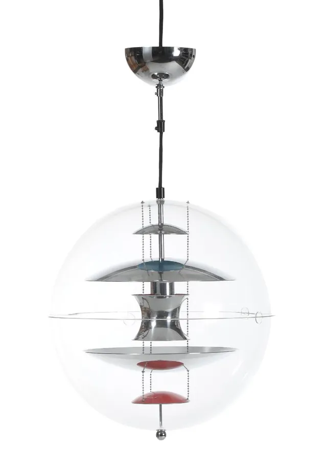“VP-Globe 40”. Pendant with acrylic shades, inside with red and blue lacquered aluminium shades. Designed 1969. Manufactured and marked by Frandsen Lighting. Diam. 40 cm.