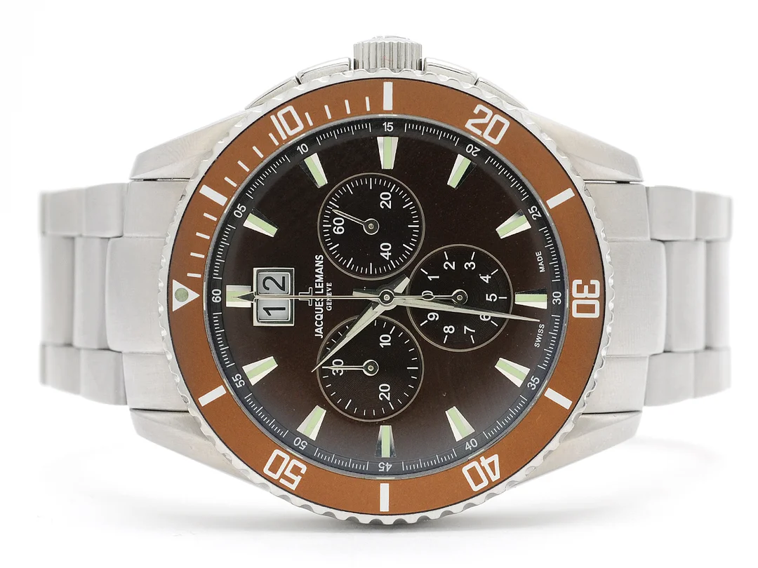 JACQUES LEMANS, Geneve, kronograf, herrur, 43 mm, Ref nr. G-152, stål, quartz, safirglas, datum, originallänk, viklås, ca 2009, box, ytterkarong. — Klockor/Jacques Lemans — Kaplans