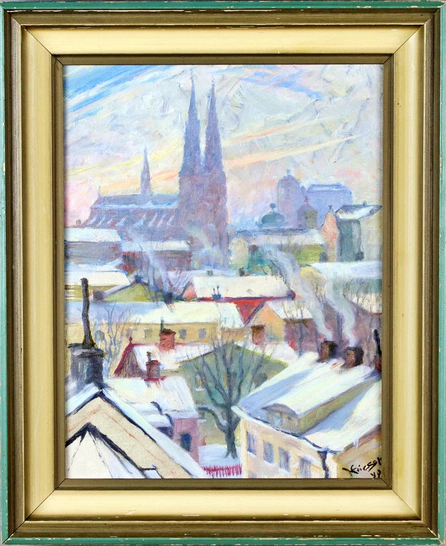 OIDENTIFIERAD KONSTNÄR. Olja på duk, vintervy mot Uppsala domkyrka, otydlig signatur, eventuellt Johan Ericson, oläsligt datum. — Paintings — Höganäs Auktionsverk