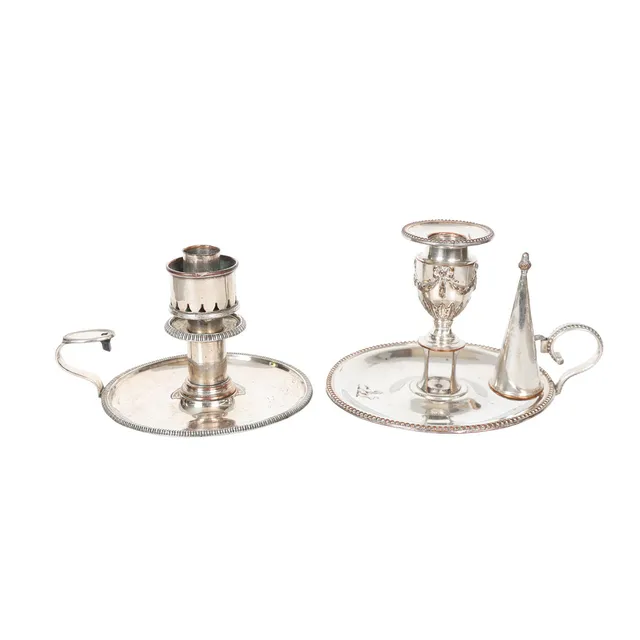 TWO 19TH CENTURY SHEFFIELD PLATE CHAMBERSTICKS (2).