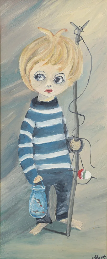 YNGVE JOHANSSON. Pojke med metspö. olja på pannå, signerad. — Paintings — Växjö Auktionskammare
