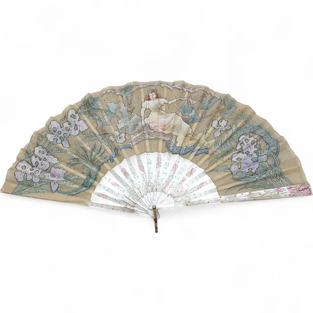 Barecelona Art Nouveau fan with enamelled mother-of-pearl sticks, early 20th Century.