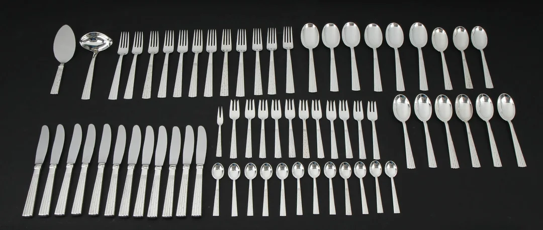 Jens Harald Quistgaard. Champagne cutlery in silver, 65 pieces. (65) — Silver, bronze, copper and pewter/Silver flatware — Lauritz
