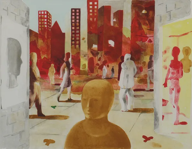 ULF GRIPENHOLM. Färglitografi, figurscen i stadsmiljö, signerad och numrerad 378/450, daterad 1978.