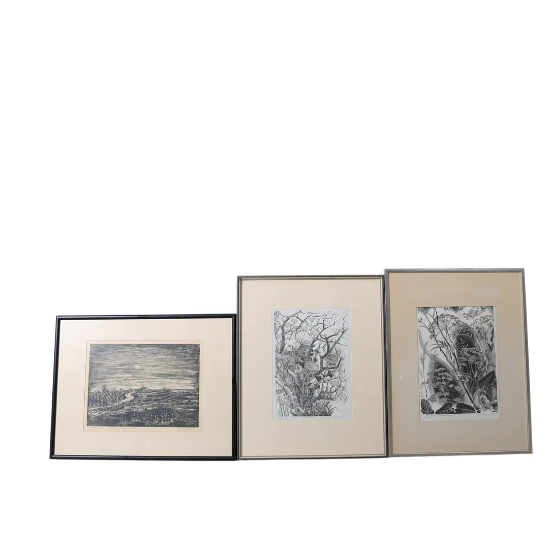 KARIN PERSSON. Trägravyrer, 3 st, handtryck, signerade, daterade och numrerade. — Engravings & Prints — Gomér & Andersson Nyköping