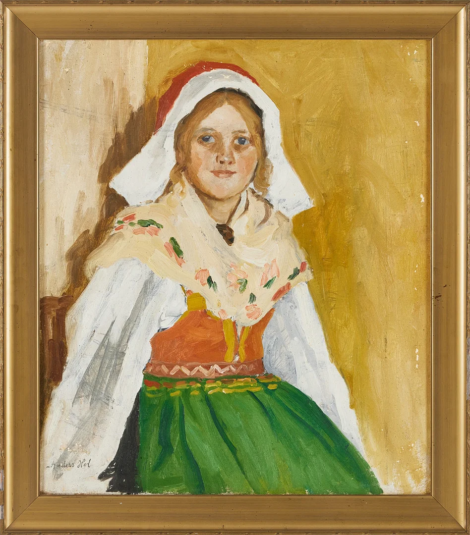 ANDERS HOL. Kvinna i folkdräkt, olja på duk, signerad. — Paintings — Stockholms Auktionsverk Magasin 5