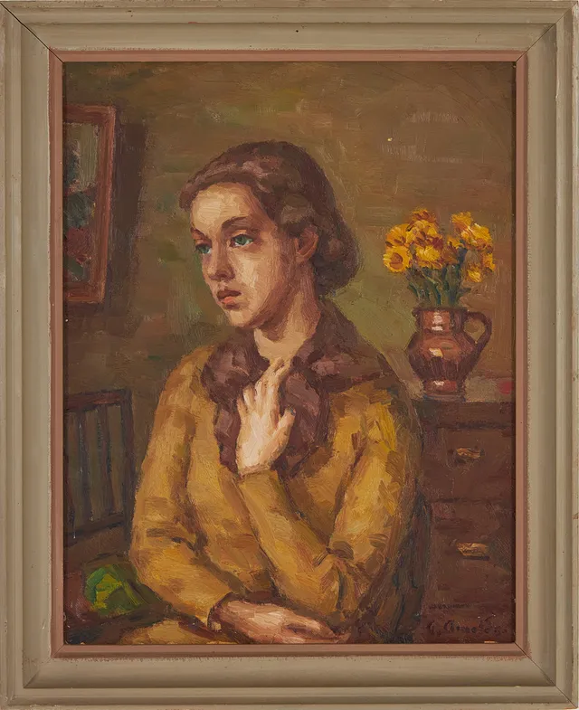 GUSTAF ARNOLDS. Porträtt av ung kvinna, olja på duk, signerad.