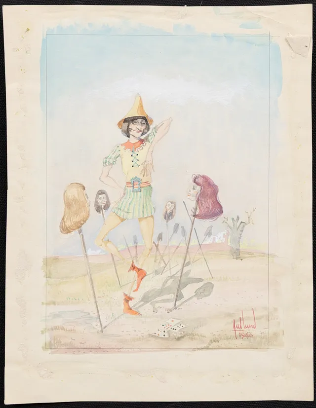 AXEL LUND (1919-1997). Pokerspelare, gouache, signerad och daterad 1946.