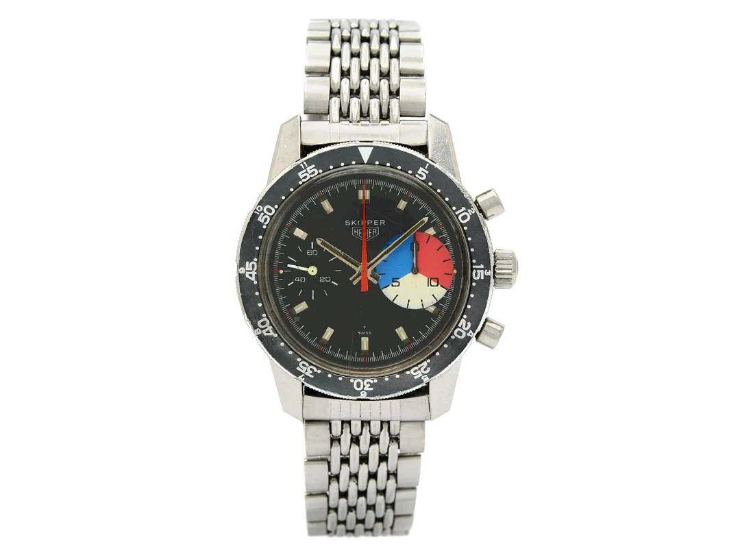 HEUER, Autavia, Compressor, Skipper, Cal Valjoux 7730, Serie nr. 133014, Ref nr. 7764, Boett nr. 7763, kronograf, herrur, stål, manuell, plexiglas, originallänk, viklås, Ref nr. Gay Frères 4.71 / HLC, HLF, ca 1970. — Klockor/Tag Heuer — Kaplans
