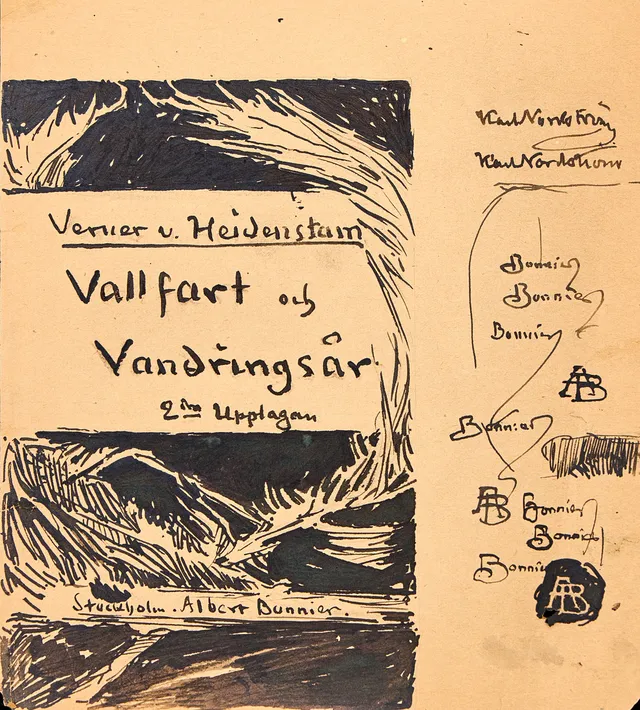KARL NORDSTRÖM (Tjörn 1855-1923 Drottningholm). Förlaga till omslaget till andra upplagan av Verner von Heidenstams bok "Vallfart och vandringsår", svart tusch på papper.
